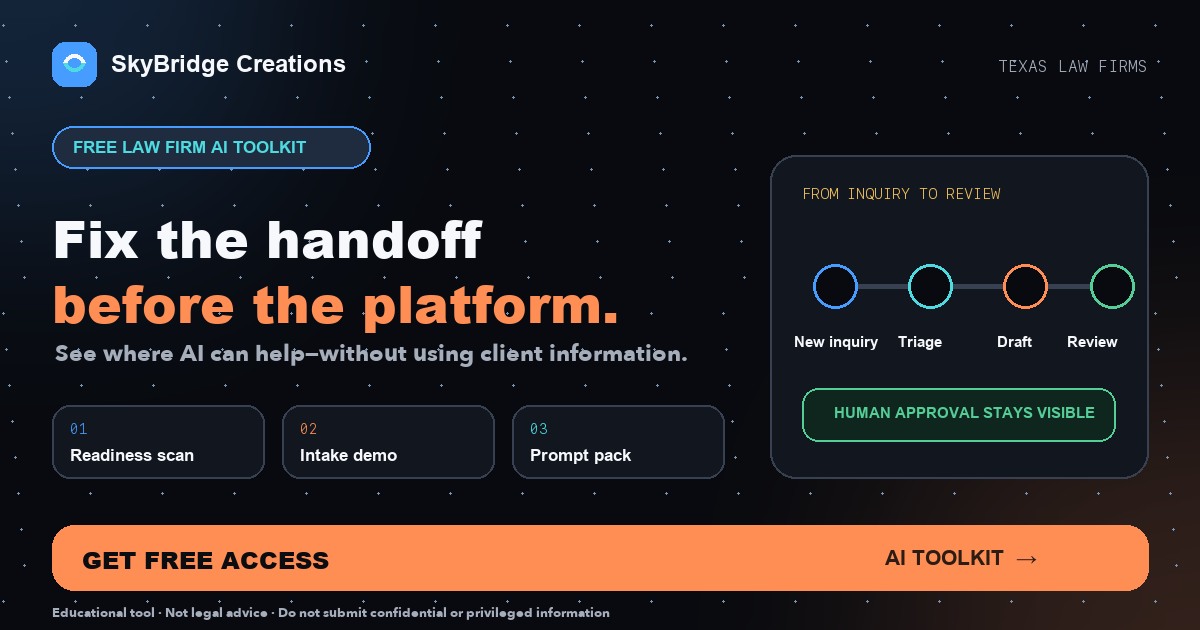 Free AI toolkit for Texas law firms showing intake handoff and human review