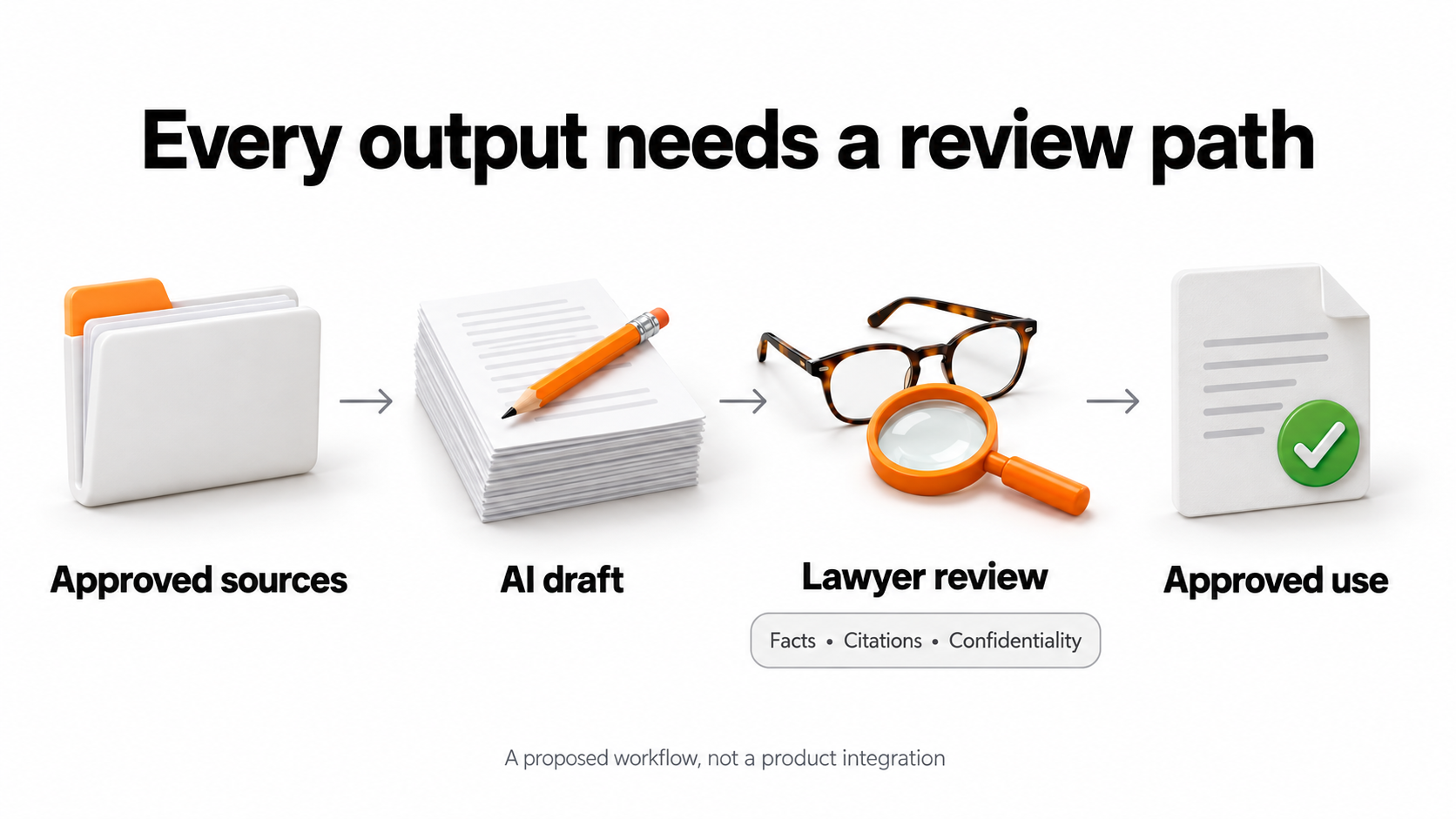 Four steps from approved sources through AI drafting and lawyer review to use