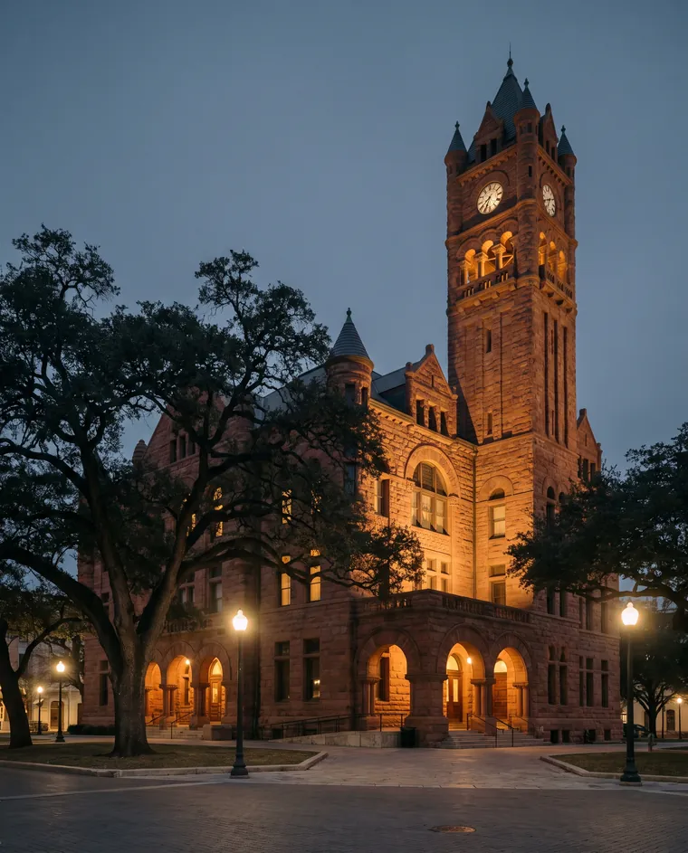 The red granite 1896 Bexar County Courthouse and its clock tower at dusk