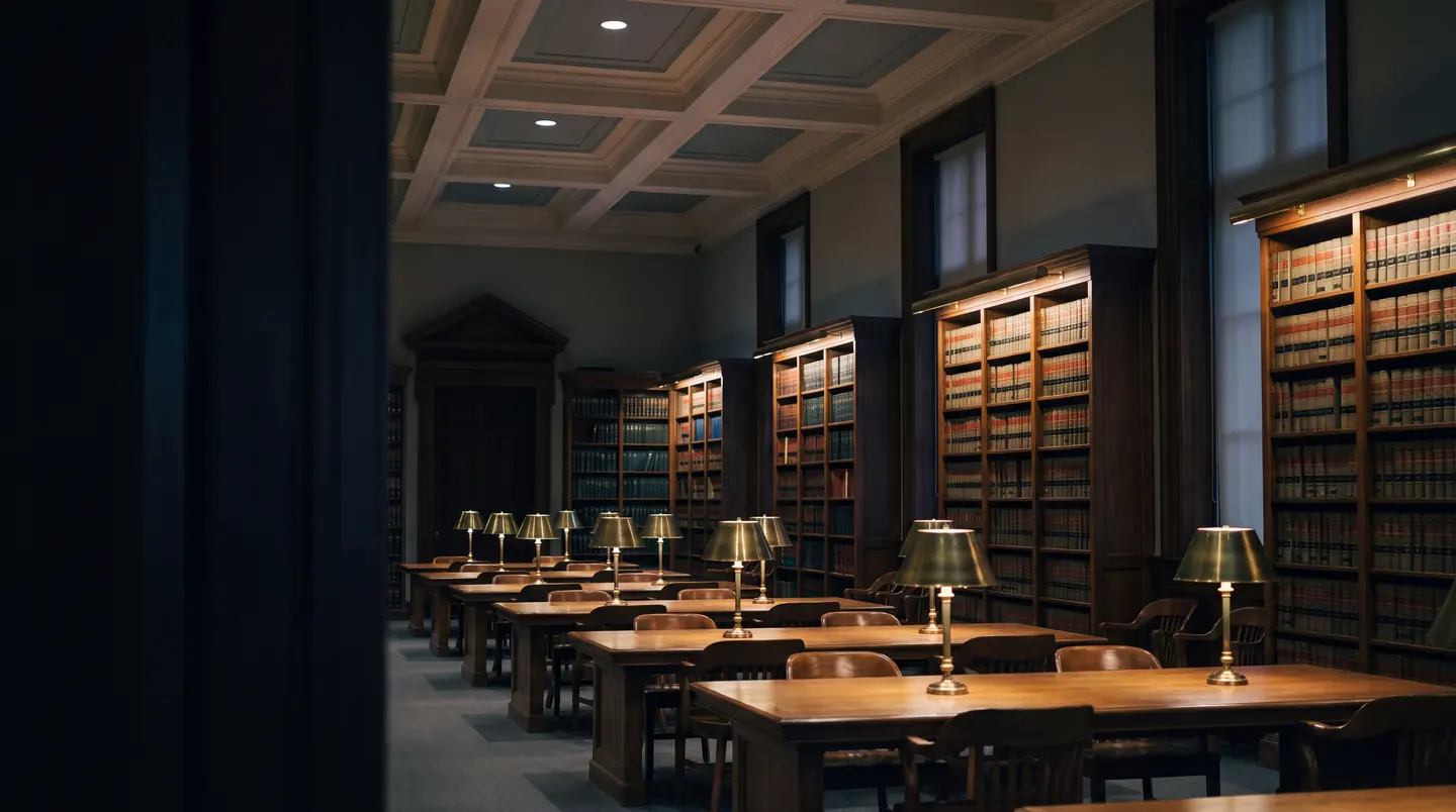 A historic law library at night, brass lamps lit on long oak tables between shelves of bound reports