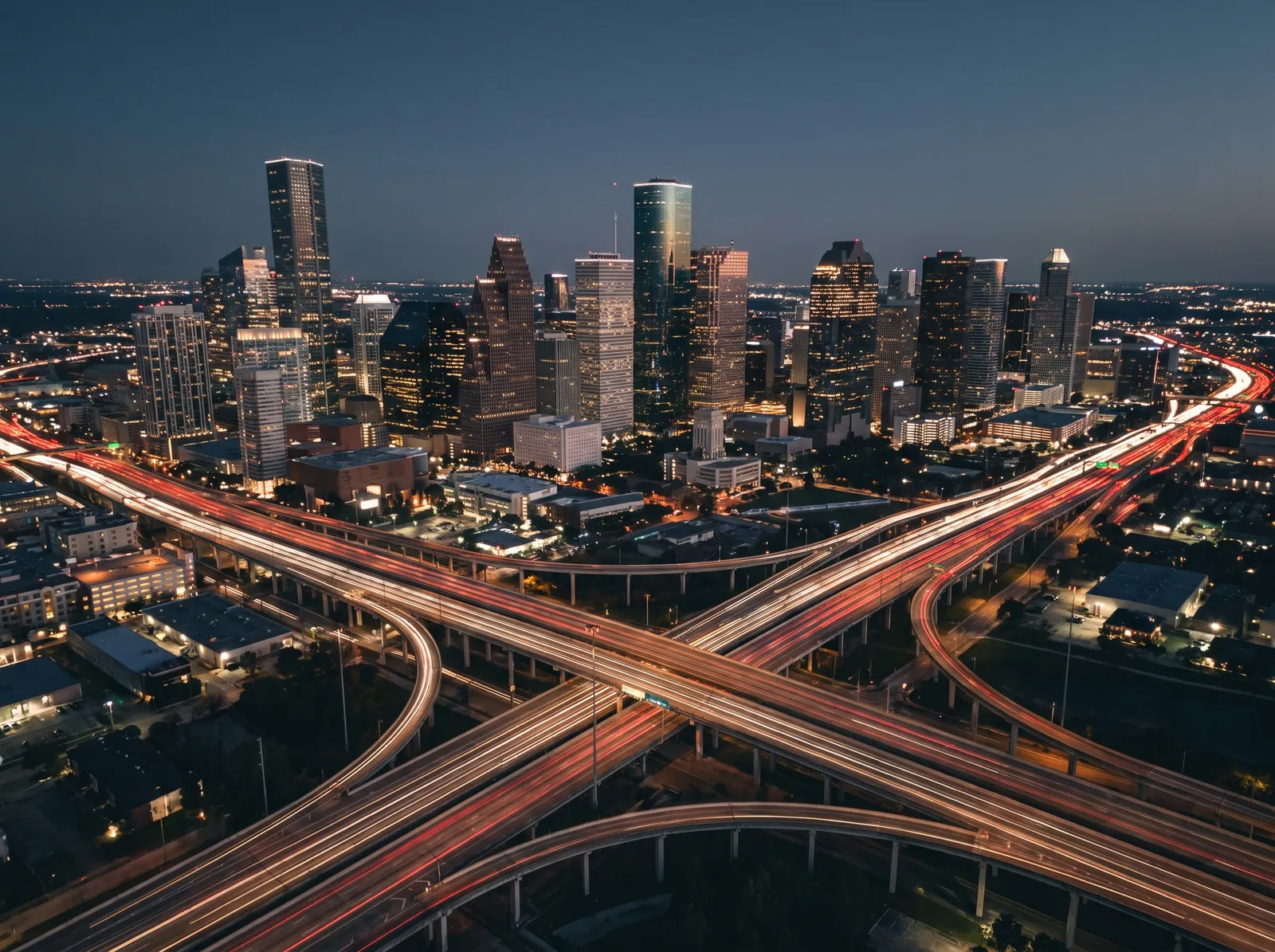 Downtown Houston at night from the air, freeway interchanges streaked with light trails