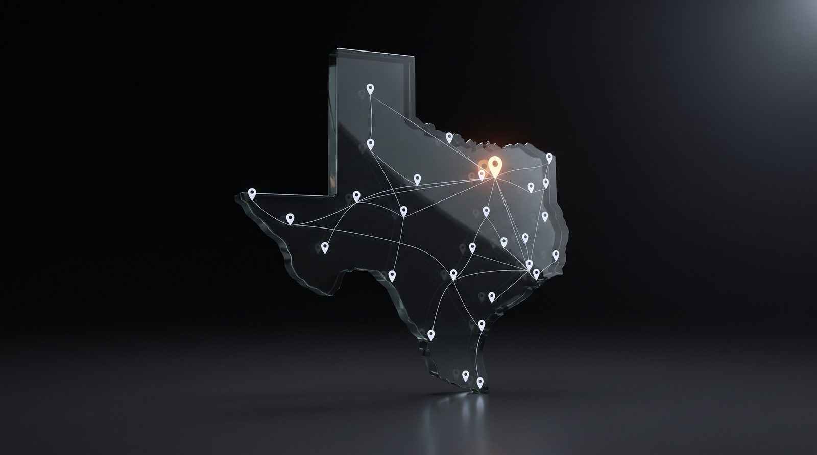 Glass silhouette of Texas with glowing location pins