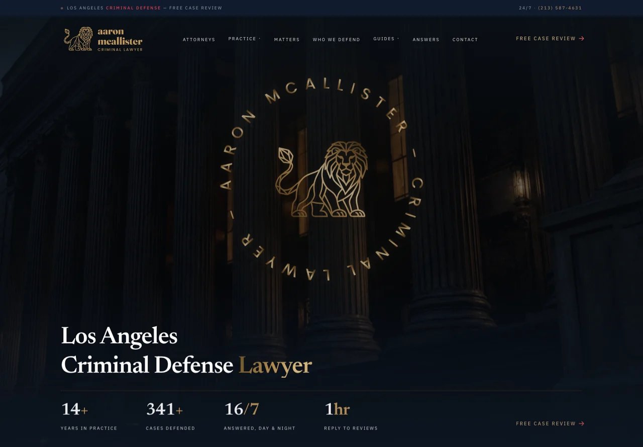 The rebuilt McAllister homepage: a dark criminal-defense layout with the firm mark and navigation