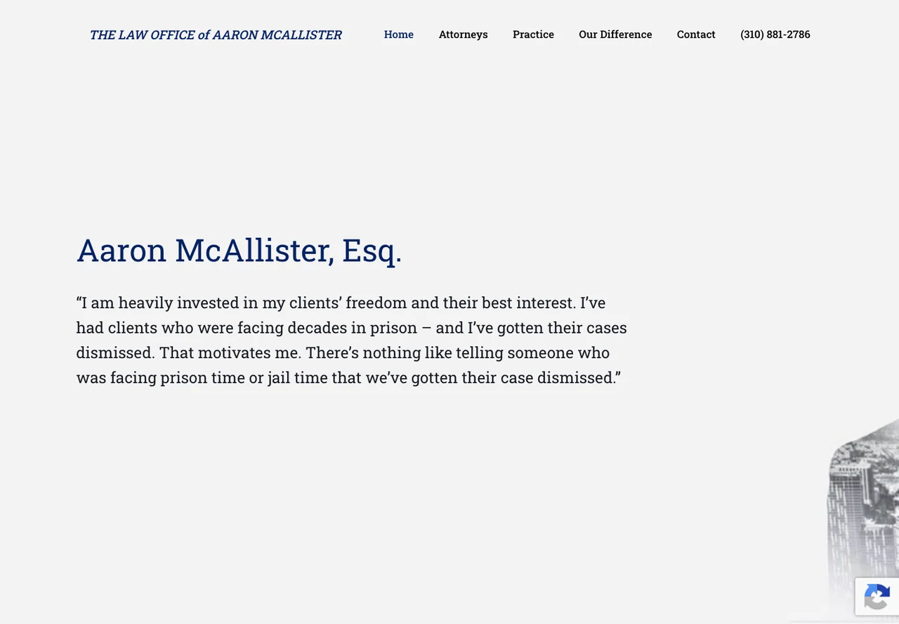 The Law Office of Aaron P. McAllister homepage before the rebuild: a sparse five-page WordPress layout